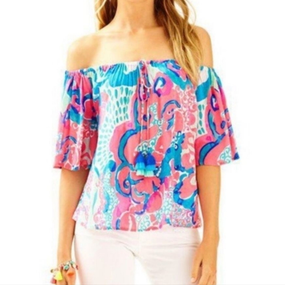 Lilly Pulitzer Sain Off The Sholder Top In Coral Reef I'm So Jelly - Picture 1 of 8